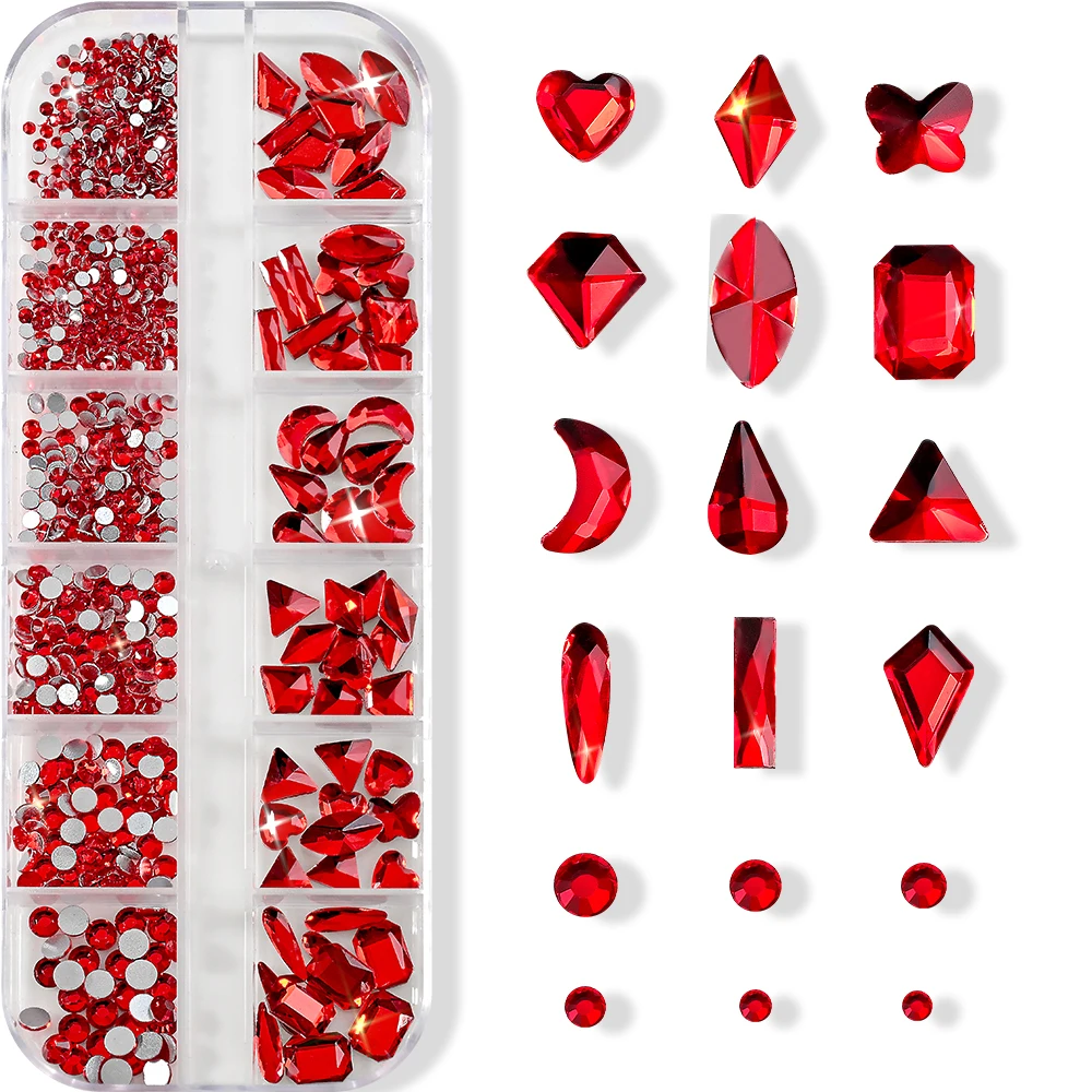 12 сеток, сексуальные красные кристаллы для дизайна ногтей, стразы, 3D блестящие стеклянные бриллианты с плоской задней поверхностью и круглые драгоценные камни разных размеров, украшения для ногтей, бриллианты для ногтей (art.: 3920d358fa424) - 3920d358fa424