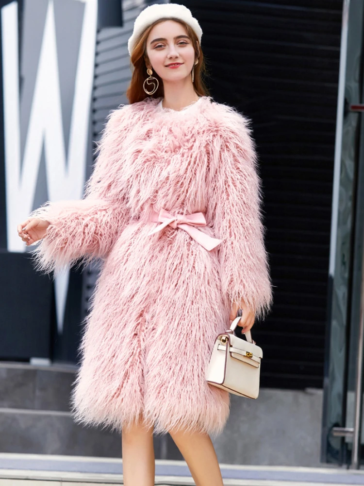 Fashion Faux Wool Fur Pink Coat Women 2022 Elegant Solid Color Imitation Fur Lamb Long Coat with Belt Ladies Office Outwear