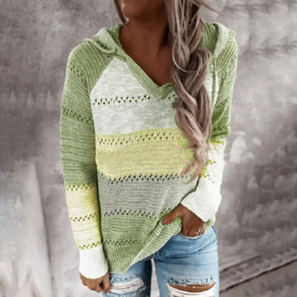 

Loose Knitting Pullover Women Autumn Top Drawstring Knitted Women Top Striped Hoodie Sweater Cozy Women's Fall/winter Sweater