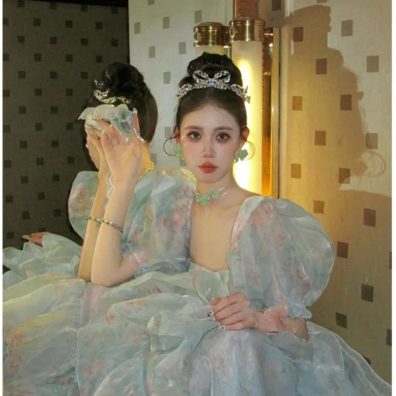 Выпускное Платье Quinceanera с пышными рукавами со шлейфом и цветочным принтом