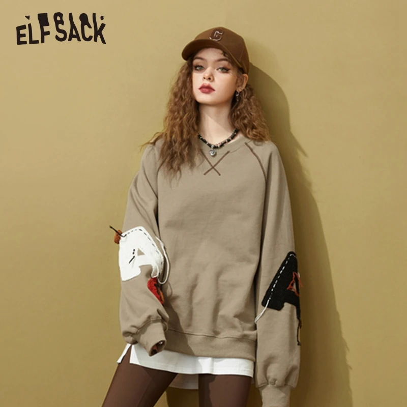 ELFSACK Spliced Fleece Hoodies Women 2022 Winter Loose Long Sleeve Pullover Sweatshirt