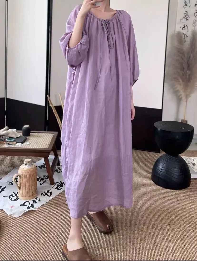 Платье-миди женское тонкое из хлопка и льна с круглым вырезом