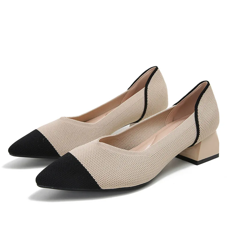 Simple Shallow Pointed Toe Mid-heel knitted breathable Shoes women pumps Temperament Soft Casual Women Ballerina Zapatillas Muje