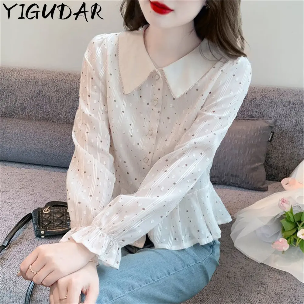 

Celmia Fashion Tunics Women White Shirts 2023 Summer Polka Dot Elegant Blouses Button Loose Long Lantern Sleeve Lapel Party Tops