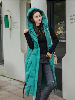 Autumn Winter Long Vest Women's Hooded Loose Green Pockets Padded Ladies Casual Sleeveless Jacket  Warm Quilted Vest for Female