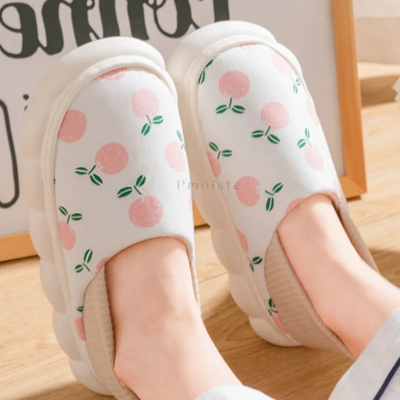 Cute Fruit Printed Women Platform Slippers Winter Casual Home Slippers Soft Warm Plush EVA Non-slip Slippers Indoor Female
