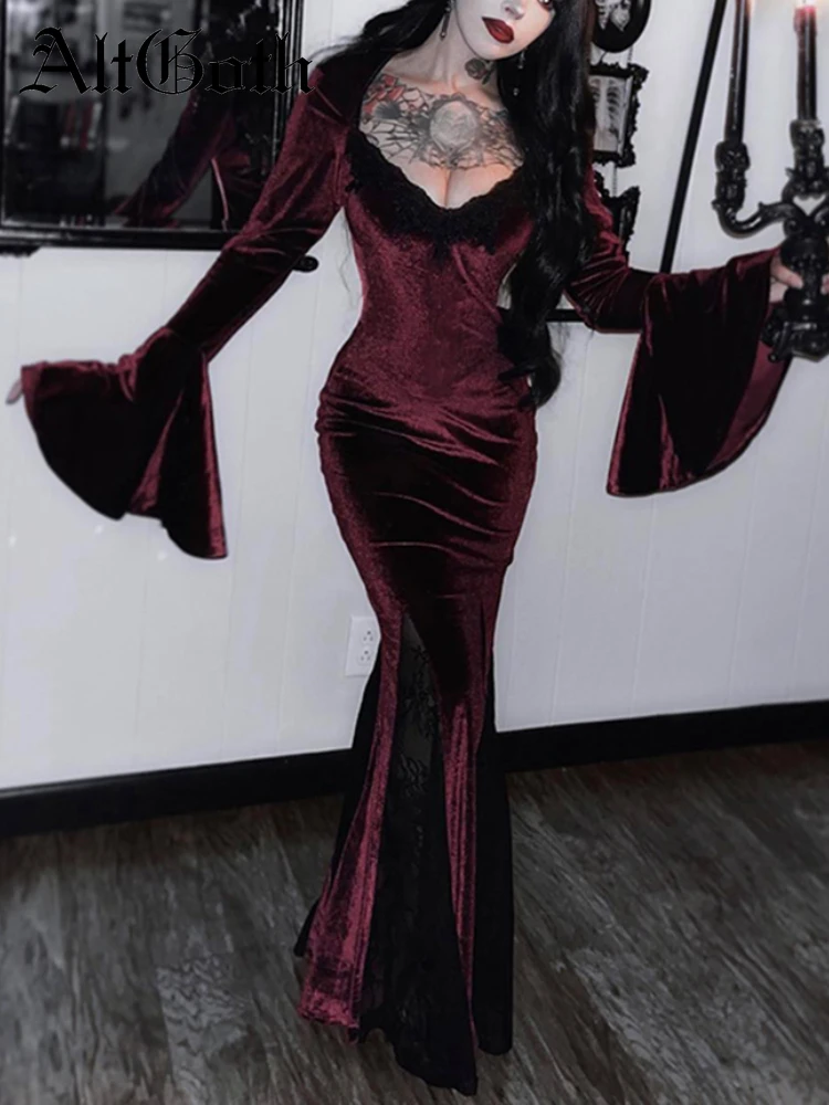 

AltGoth Halloween Gothic Cosplay Dress Women Vintage Elegant Flare Sleeve V-neck Bodycon Dress Streetwear Harajuku Fairy Clothes