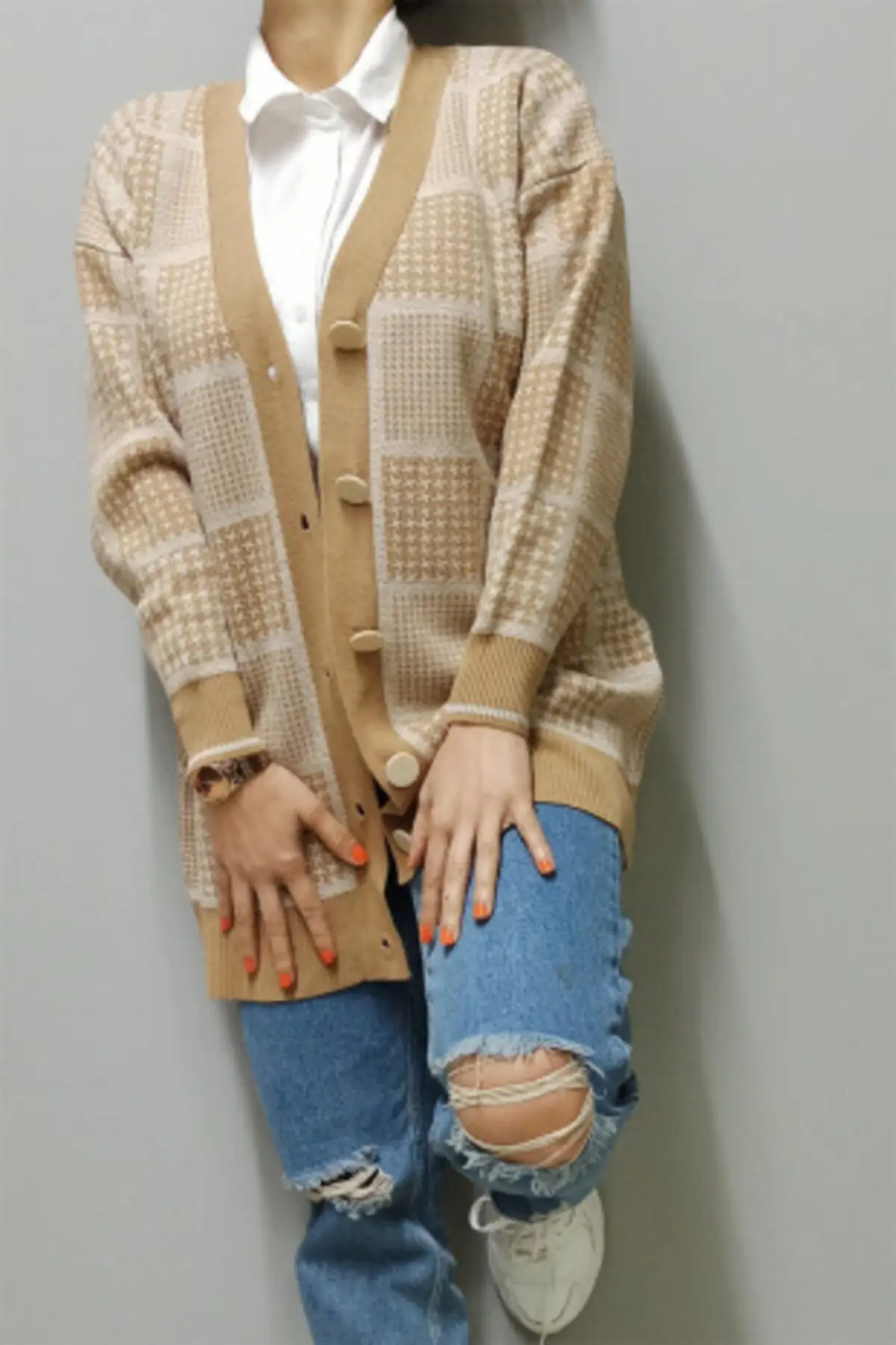 

Women's Cardigan Cream pattern Winter Long-Length Casual Knitted Quality Fashion Cardigan Sweaters Loose Sweater Jumper