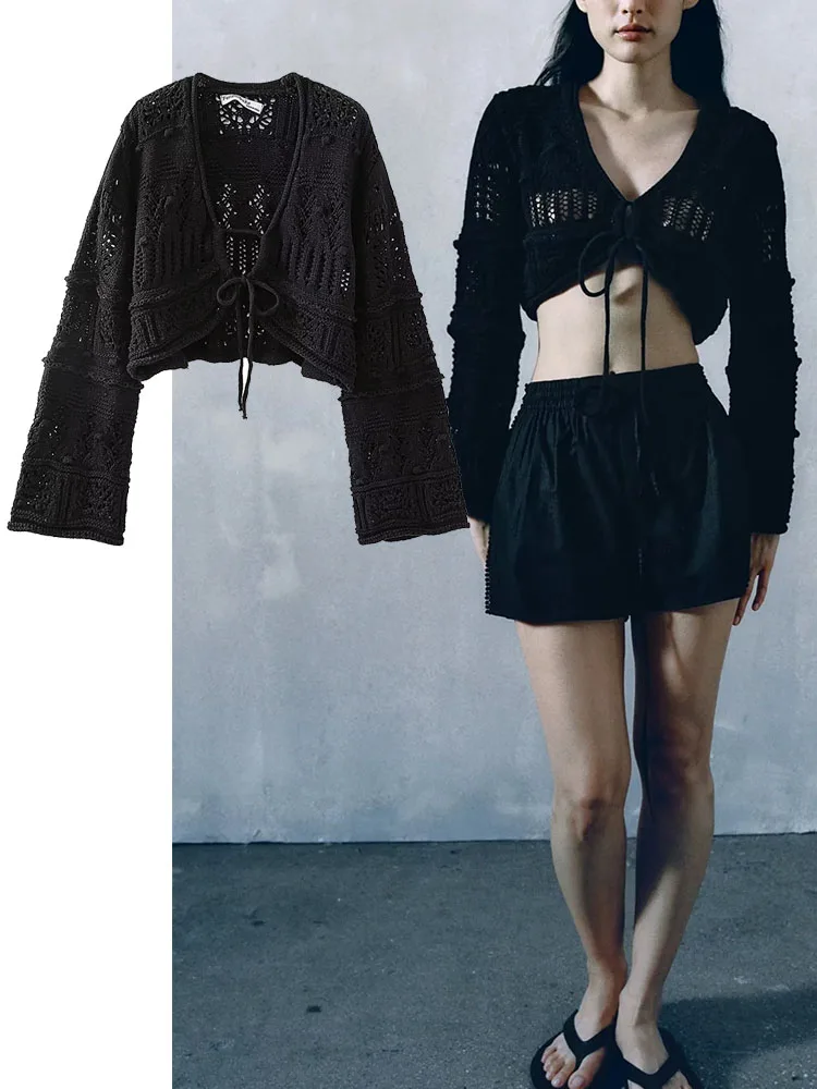 

TRAF Women Summer Cropped Cardigan 2023 New Fashion Hollow Out Knitted Sweater Modern Lady Top