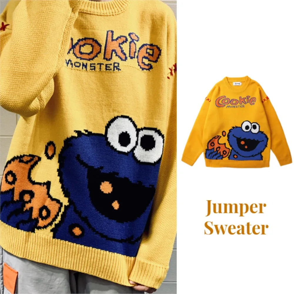 

Harajuku Japanese Trend Retro Cute Sesame Street Sweater Casual Women Loose Cartoon Anime Jumper Sweater Men Street Clothing Top