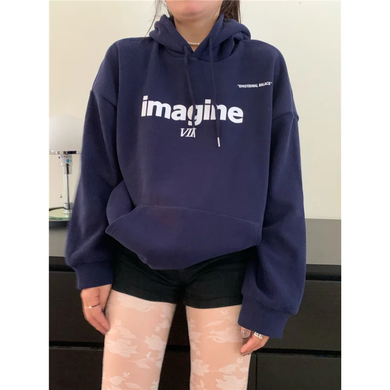 Женский свитшот с капюшоном темно-синий мешковатый пуловер длинным рукавом и