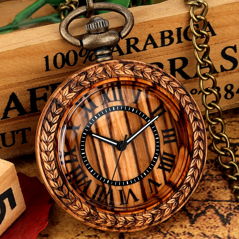 Wood Pocket Watch Vintage Zebra Wooden Gifts for Men Women Quartz Fob Watch with Chain Roman Numeral Dial Relógio De Bolso