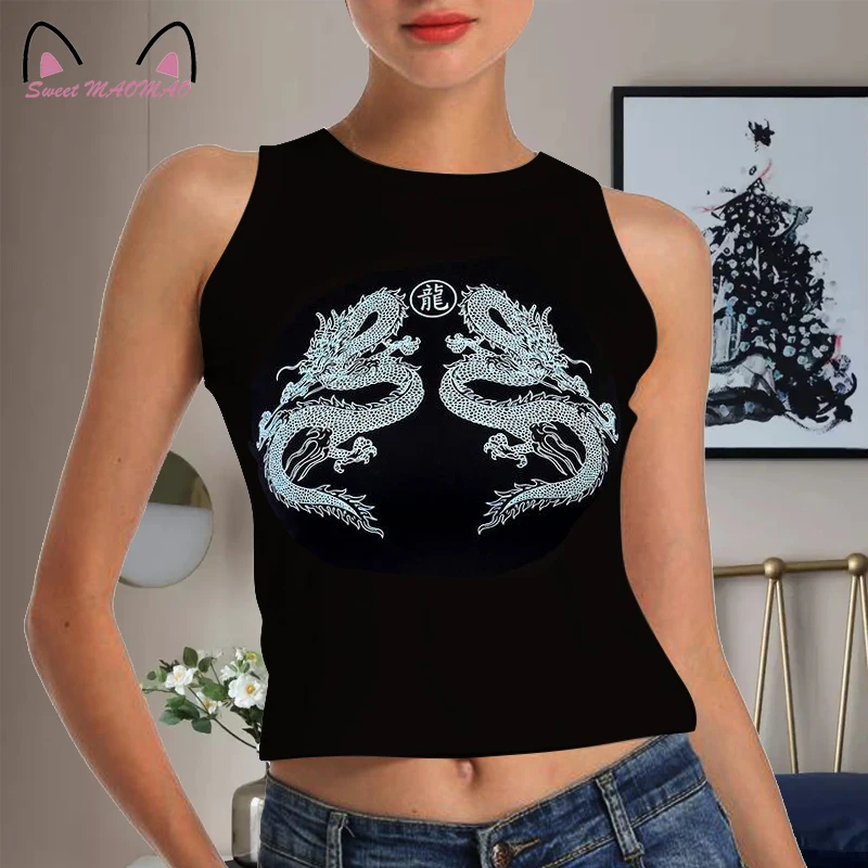 

Women's Gothic Chinese Dragon Print Graphic Tank Top 2022 Y2K Summer Clothes Streetwear Black Sleeveless Bodycon Crop Top Grunge