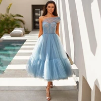 summer beach one shoulder short dresses 2022 light blue tulle a line prom evening gown vestido elegante mujer para fiesta