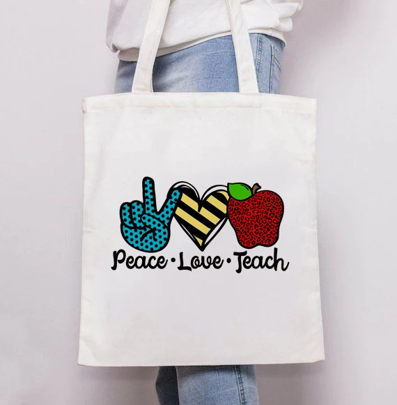 

Peace Love Teach Apple Print Teacher Tote Bag Shopping Canvas Reusable Bag Book Bag Shopper Women Fashion Shoulder Casual Bags