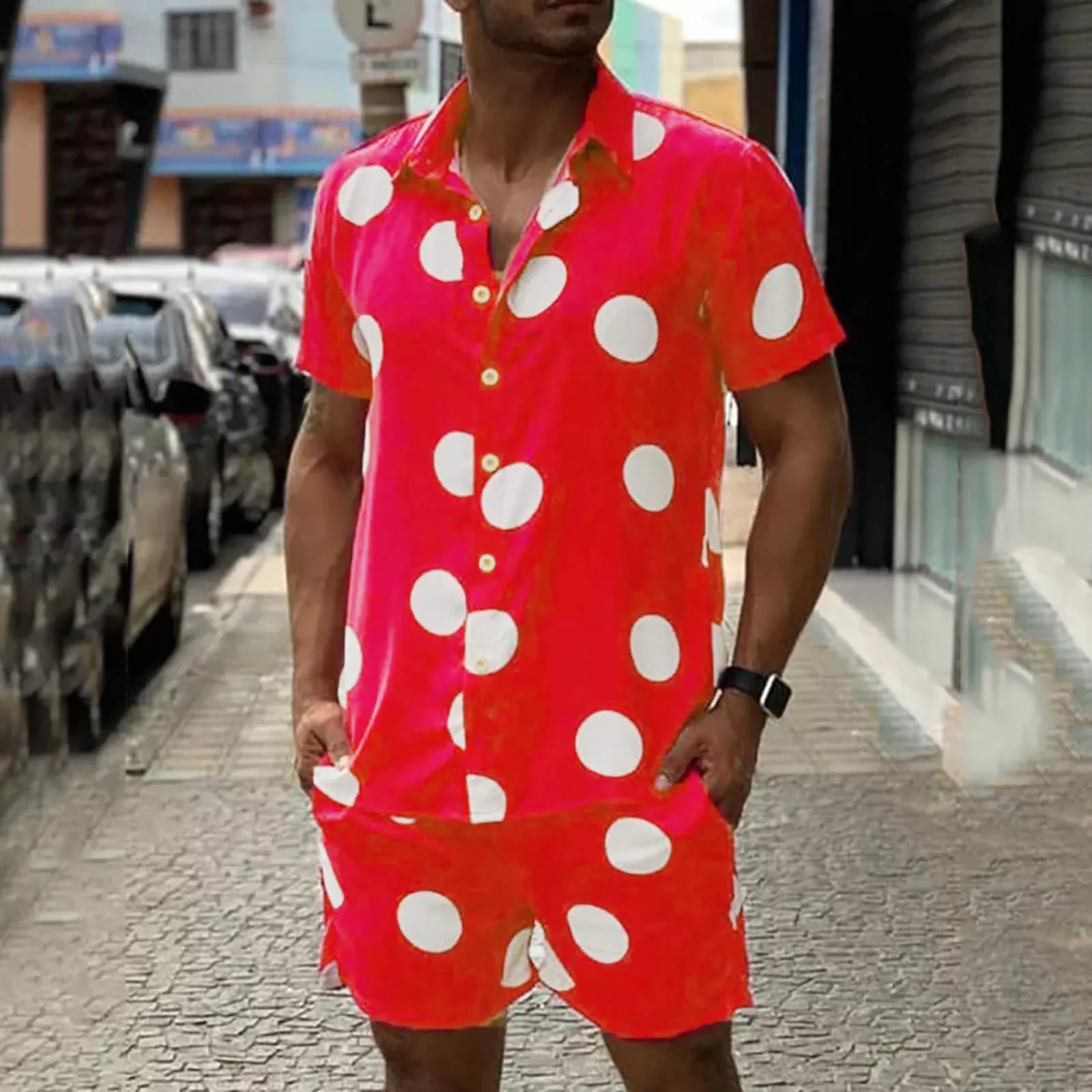 

NEW IN Summer man Corduroy Shorts Sets Fashion Lapel Short Sleeve Shirts +shorts Polka Dots 2 Piece Set Mens Sportswear 2022