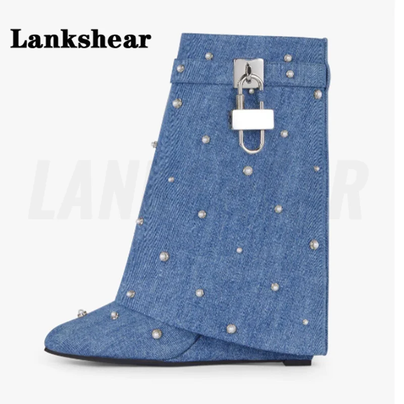 

Pointed Denim Rhinestone Lock Buckle Boots Side Zipper Shark Buckle Medium Boots Straight Wedge Heel Pants Boots for Women