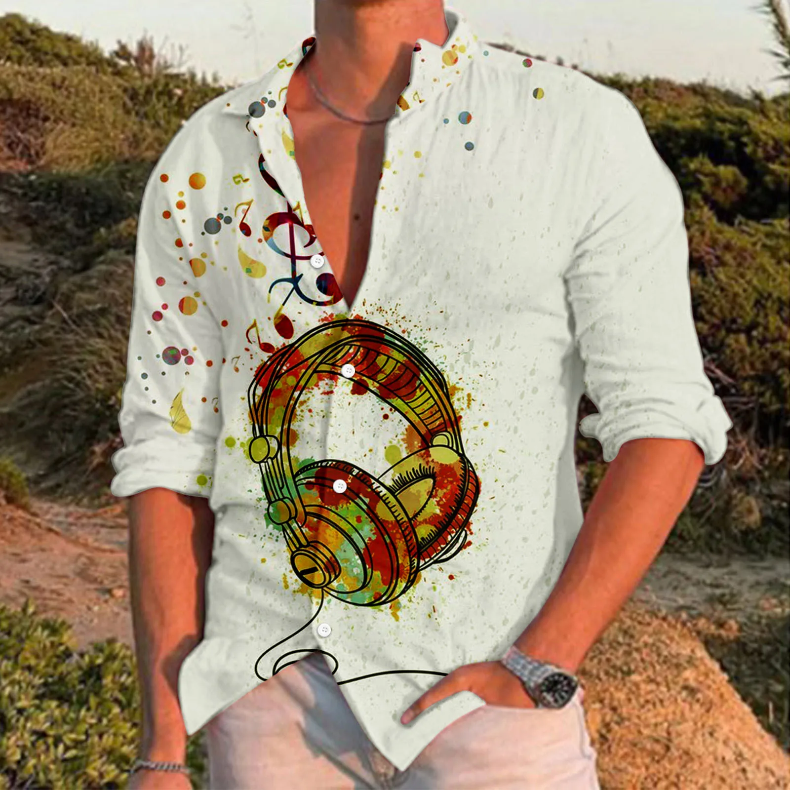 Male Casual Music Print Shirt Long Sleeve Turn Down Collar Shirt Ultra Cotton