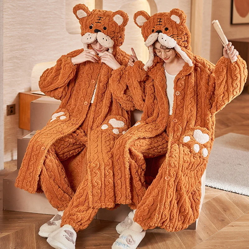 Warm Cartoon Hooded Women's Pajamas Robes Set With Pants Thicken Plush Coral Fleece Sleepwear Winter Flannel Home Clothes Pijama
