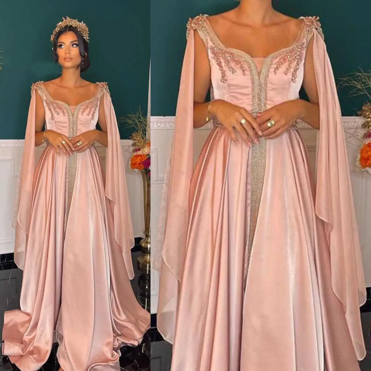 

14625#IENA Elegant Pink Moroccan Caftan Ruffle Evening Dress Saudi Arabia Prom Dresses 2023 Bride Gown Spaghetti Strap De Fiesta