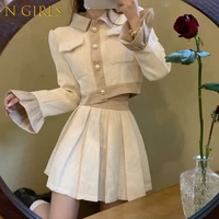 n girls autumn new french two piece set women crop top short jacket coat pleated skirts sets high street fashion 2 piece suits