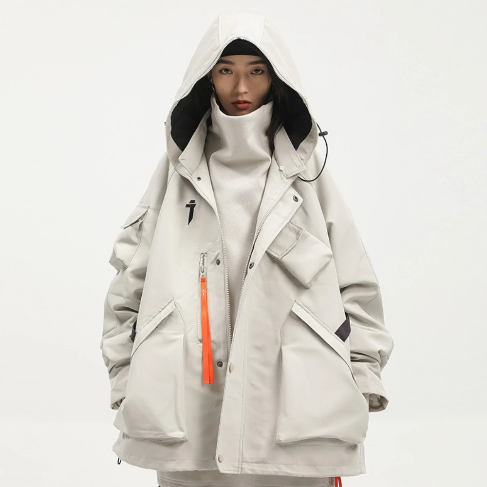 

Autumn Winter Warm Thick Cargo Jackets Loose Casual Techwear Coats Heavy Industry Oversized Jacket Stand Collar Hooded Outwear