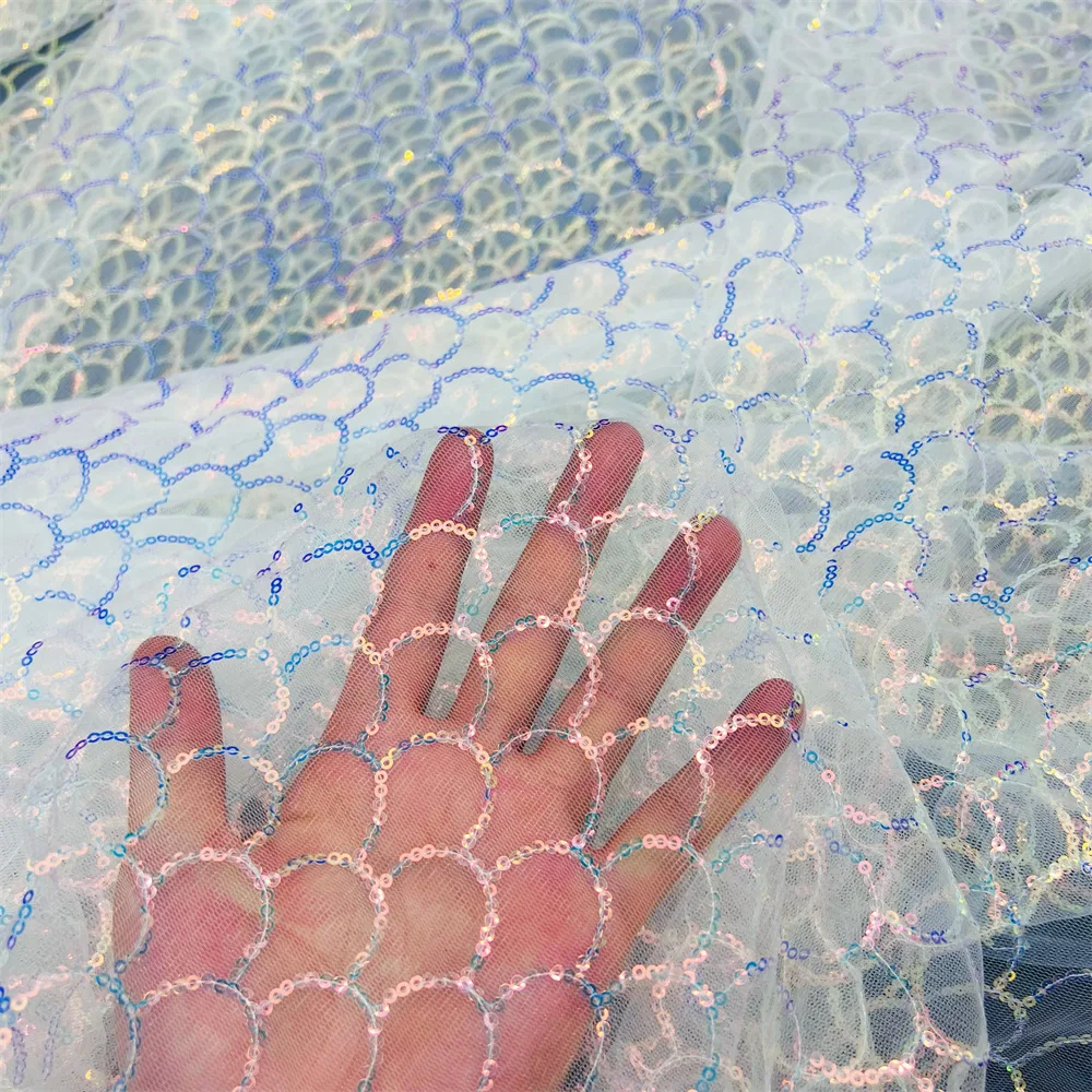 

White Magic Mesh Sequin Embroidery DIY Designer Fabric Dress Wedding Dress Fish Scale Sequin Fabric Embroidery Fabric