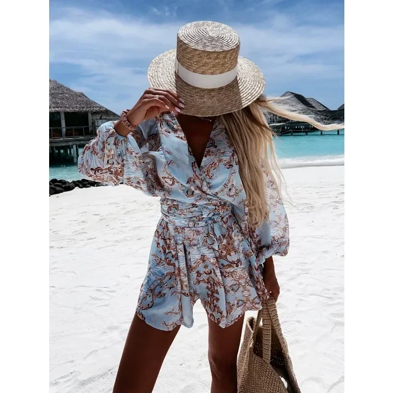 Женский Повседневный комбинезон с V-образным вырезом длинным рукавом и поясом