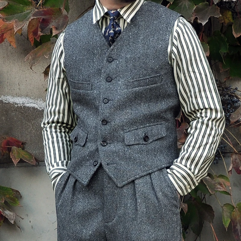 Men's Suit Vest Gray Herringbone Tweed V Neck Single Breasted England Style Vintage Waistcoat 4 Pockets Grooms Wedding Vests