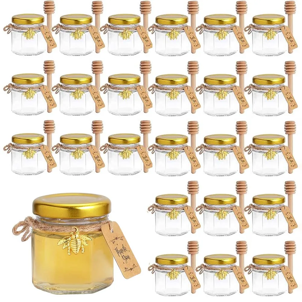 

1.5 oz Mini Glass Honey Jars Hexagon Small Honey Jars in Bulk for Baby Shower Favors Tiny Honey Pot for Wedding and Party Favors