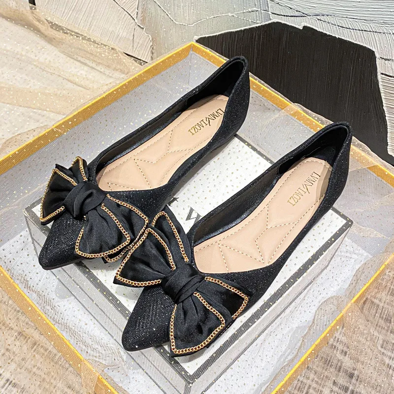 Women Pointed Toe Flats Pumps Bowknot Decoration Wedding Party Shoes Soft Soles Slip on Loafers Office Lady Shoes 658-5