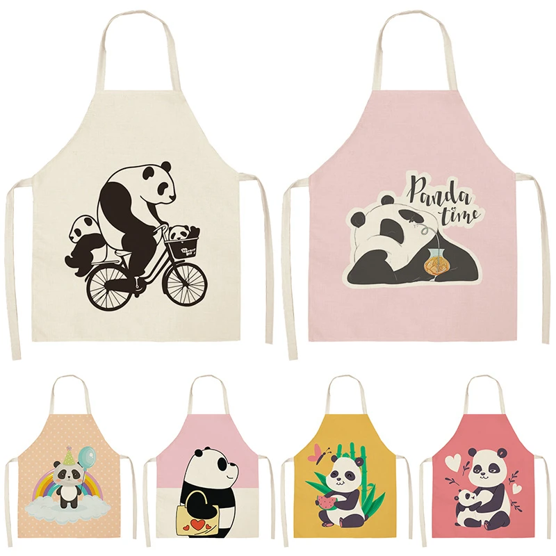 

1Pcs Cute Panda Letter Kitchen Aprons for Women Cotton Linen Bibs Household Cleaning Pinafore Home Cooking Apron Delantal Cocina