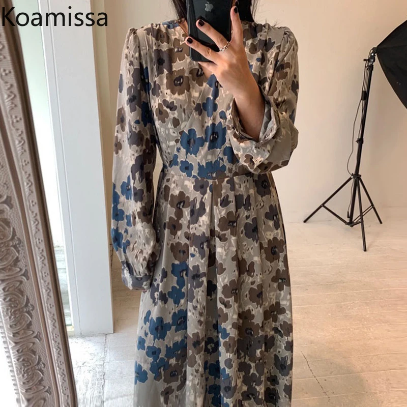 Koamissa French style Floral Print Long Dress for Women Pull Sleeve V Neck Vintage Dress Temperament Spring Boho Party Vestidos