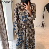 koamissa french style floral print long dress for women pull sleeve v neck vintage dress temperament spring boho party vestidos
