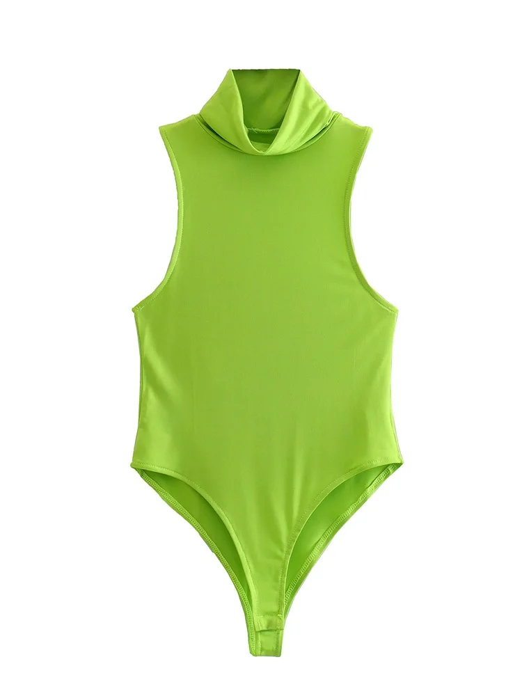 

TRAF Women 2022 Fashion Solid Color Fitted Bodysuit Vintage Sleeveless High Neck Snap-Button Female Playsuits Streetwear