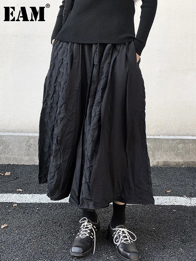 

[EAM] High Elastic Waist Black Pleated Long Casual A-line Half-body Skirt Women Fashion Tide New Spring Autumn 2023 1DF5953