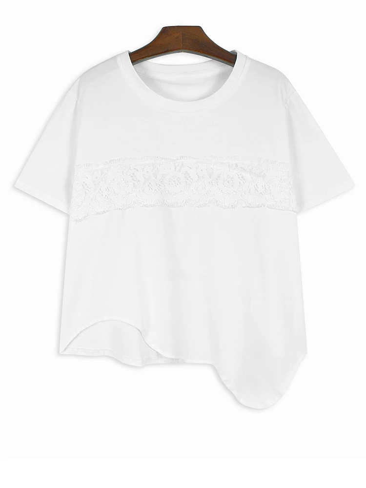 Женская Асимметричная Кружевная футболка с круглым вырезом и коротким рукавом