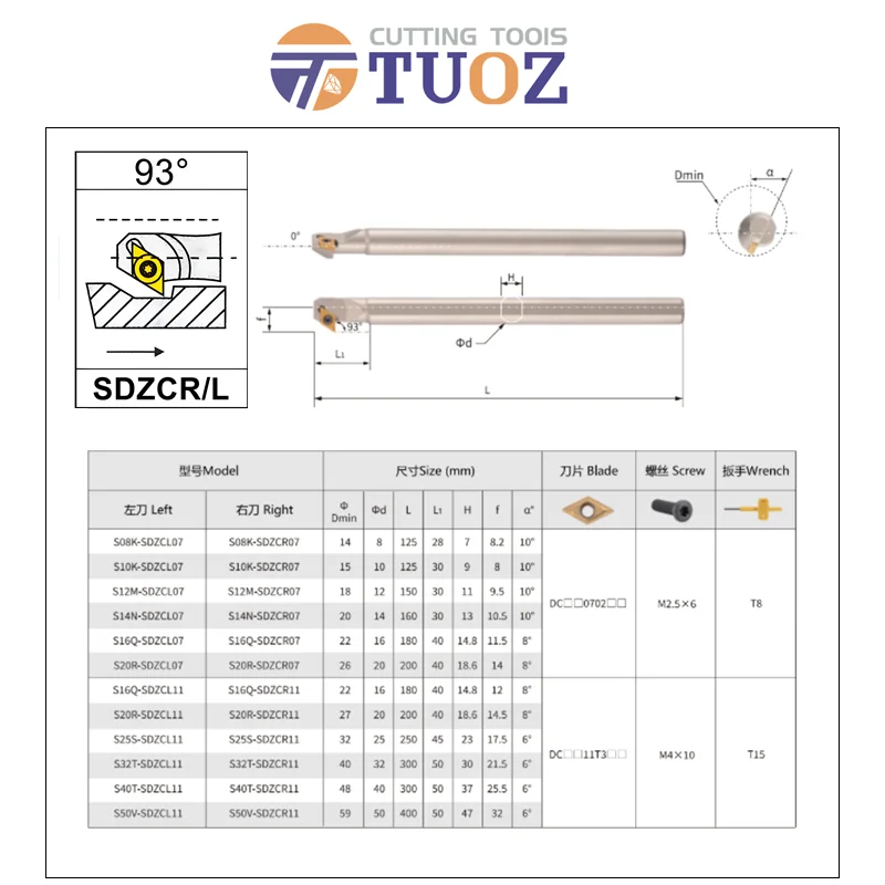 TUOZ SDZCR SDZCL 93 ° Токарный станок S10K S12M S16Q S20R S25S SDZCR07 SDZCL07 SDZCR11 Внутренние токарные