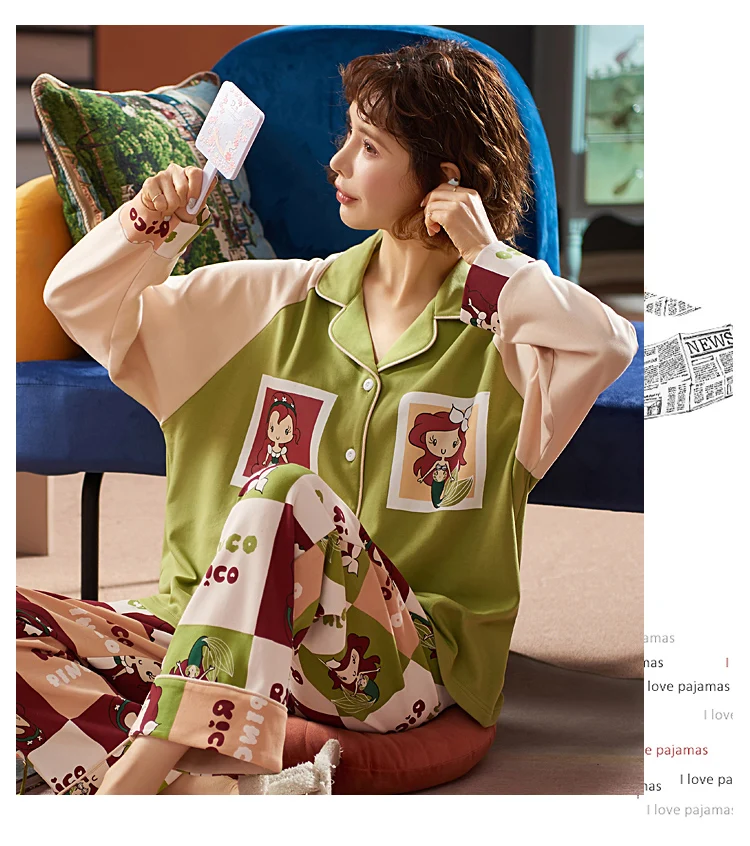 

Женская Хлопковая пижама с длинным рукавом и отложным воротником