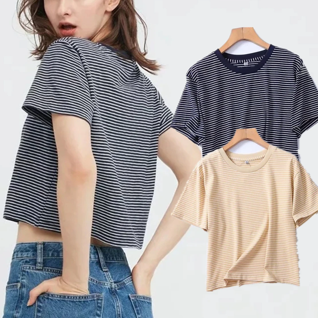 

Jenny & Dave 2022 Летняя мода Instagram блоггер уличная винтажная полосатая с высокой талией круглый воротник хлопковые короткие футболки женские топы