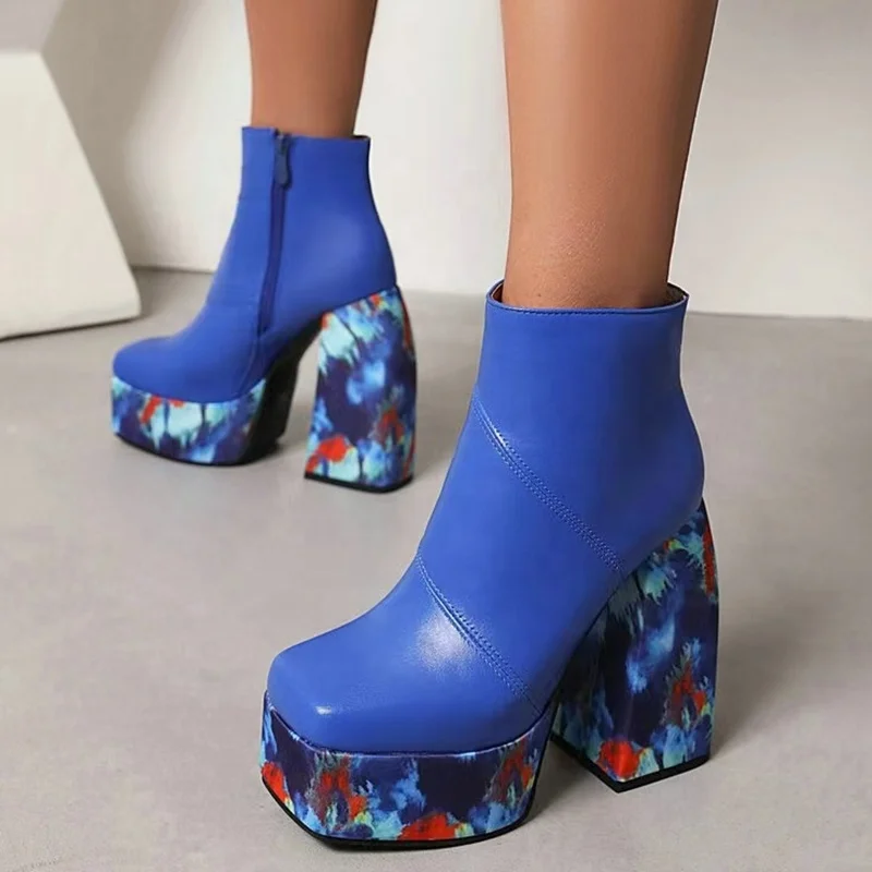 Tie-dye Print Thick Platform Fashion Boots Women Shoes Square Toe Chunky High Heel Boots Side Zip Ankle Size 43