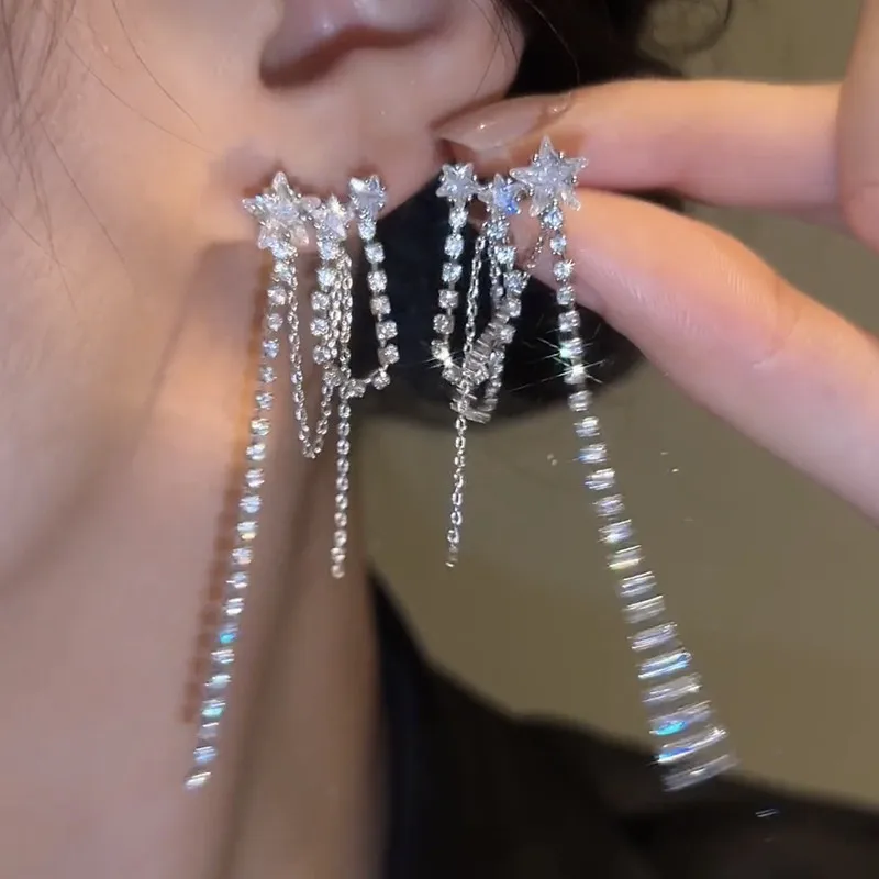 

Star Zircon Tassel Stud Earrings Women’s Personality Fashion Silver Colour Pentagram Stud Earrings Wedding Jewelry Birthday Gift