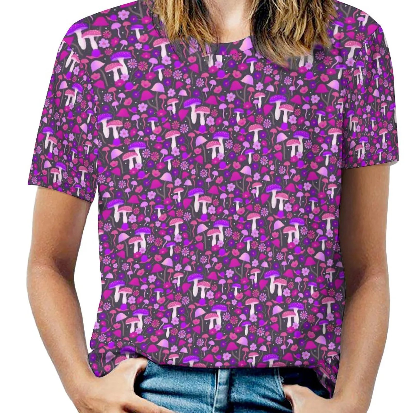 

Женская футболка с коротким рукавом и принтом в виде грибов, большого размера