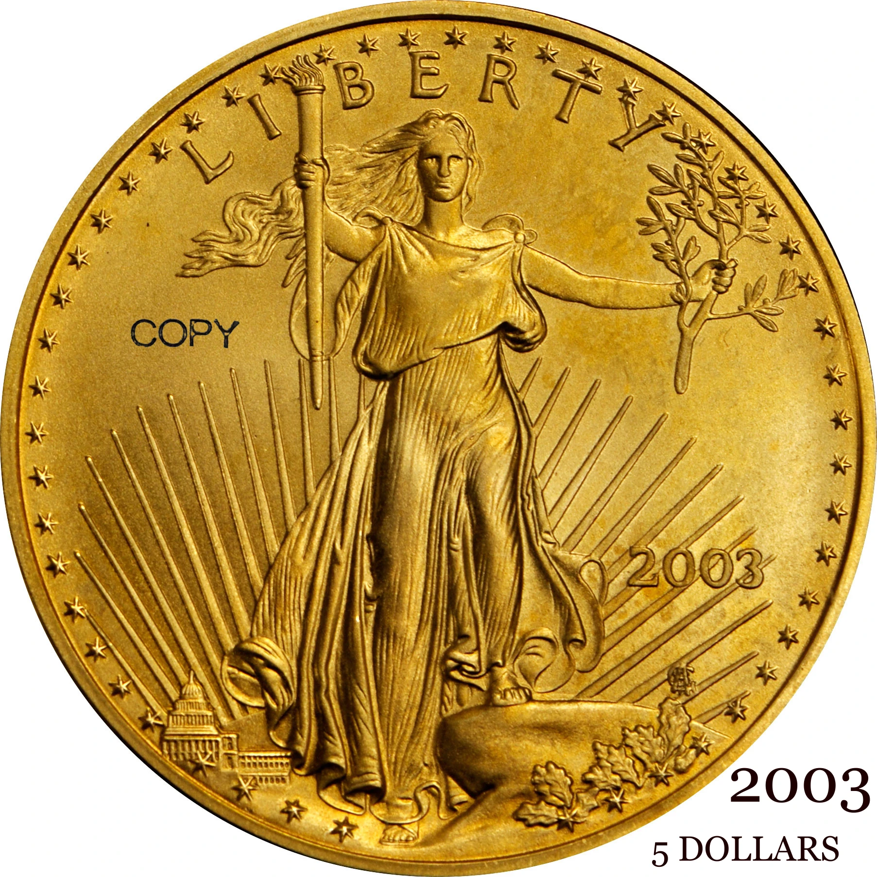 

United States 2003 5 Five Dollars 1/10 ounce American Gold Eagle Bullion Coinage USA Liberty Gold Brass Metal Copy Coin