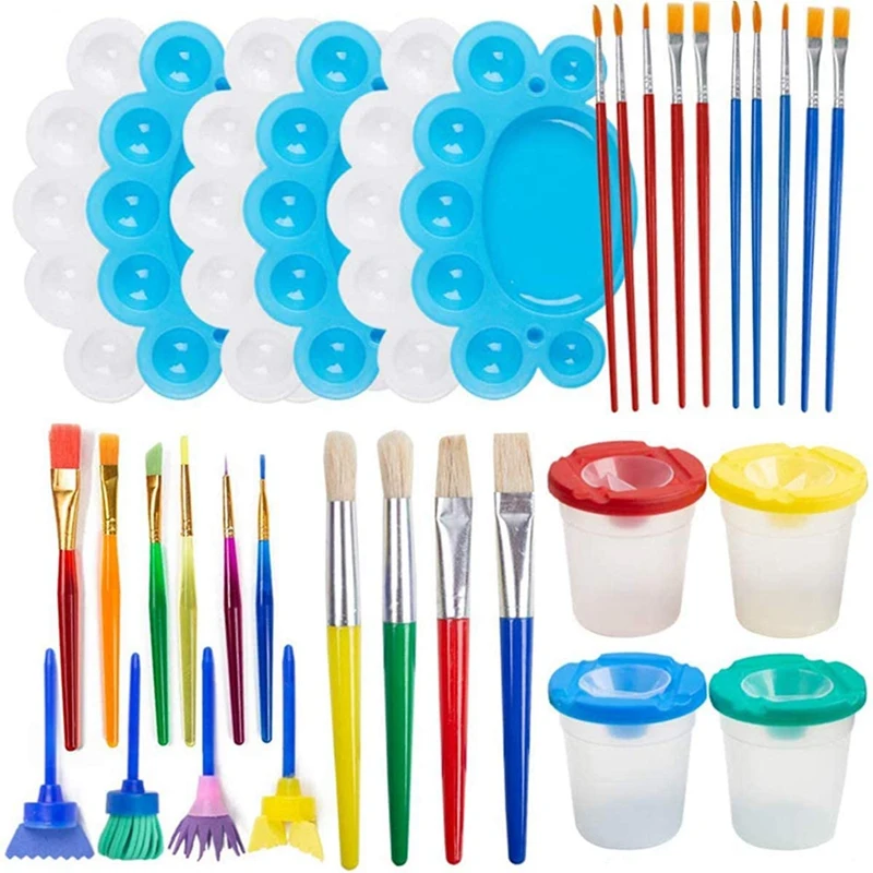 

34 PCS Washable Painting Tools Sets Include Paint Cups With Muti Size Paint Brushes And Palette Trays For Kids Art Gifts