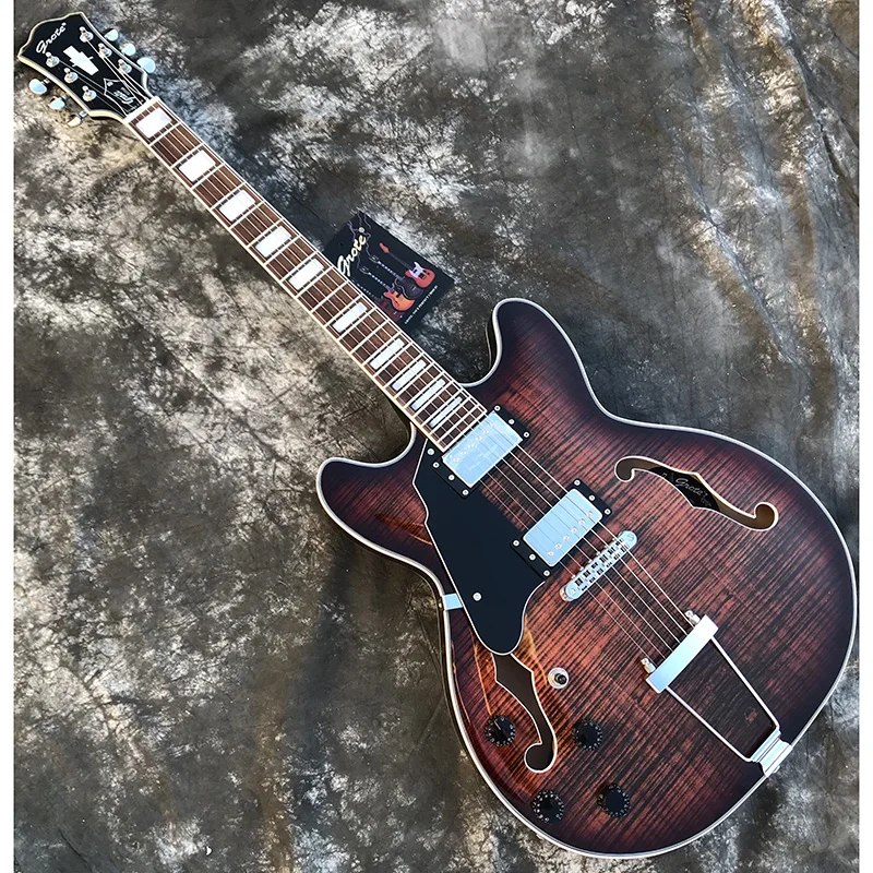 

2023 Grote brand all hollow Jazz left-handed electric guitar, Flame Maple, high-quality accessories, free door-to-door delivery