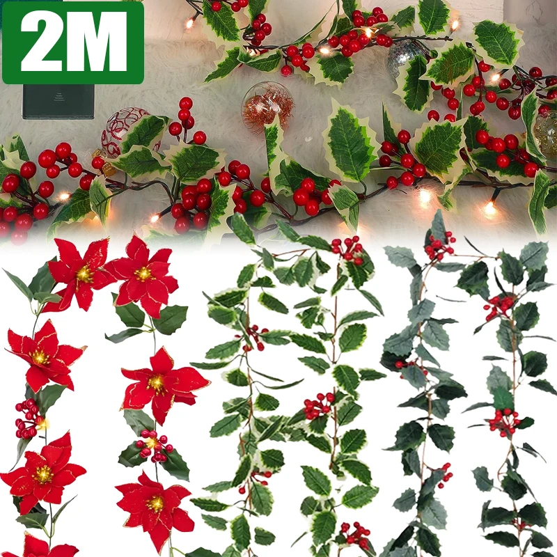 

2M Christmas Garland Leaf Artificial Red Berry Holly Leaves Ivy Vine Rattan Wreath for Xmas Tree Ornament Home Party Decoration