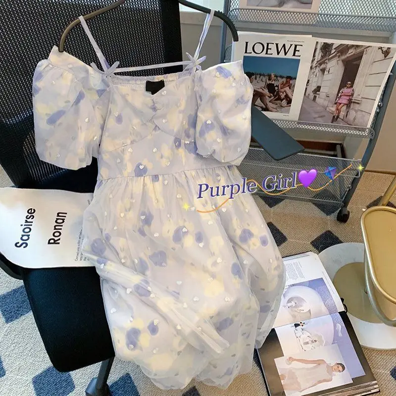 

Милое французское платье с рукавами-фонариками, Новинка лета 2022, женский дизайн, Мягкая сетчатая юбка с открытыми плечами на бретелях