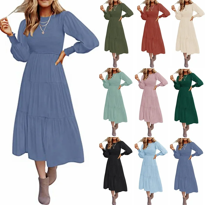 

2023 women's explosive long-sleeved draw-pleated layered short-sleeved big-swing dress