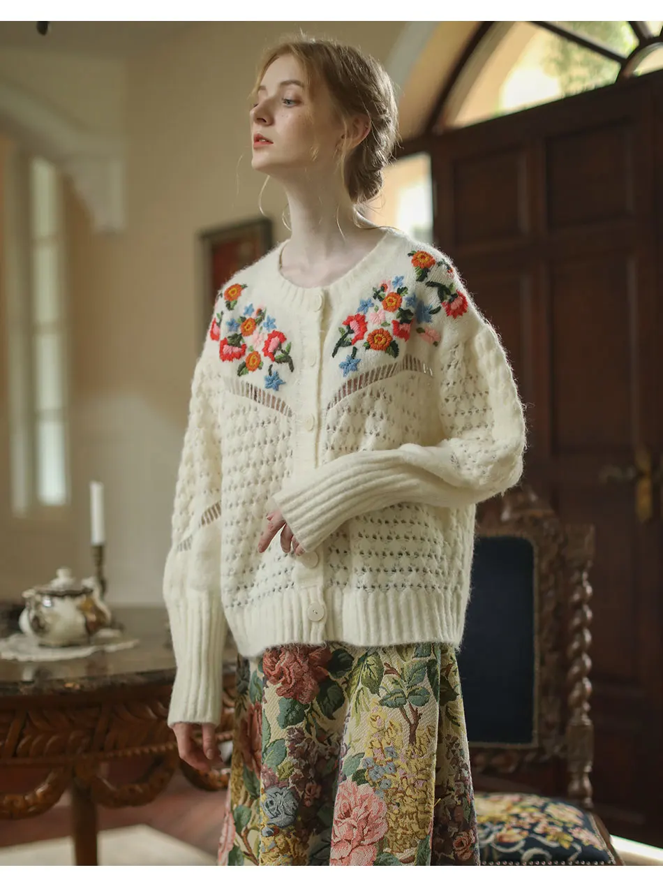 Женский винтажный кардиган шерстяной свитер с французской вышивкой ручной